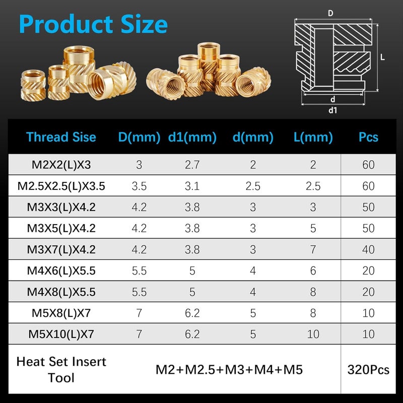 FFVRVSS 320+6Pcs M2 M2.5 M3 M4 M5 Premium Brass Threaded Inserts, Metric Brass Knurled Nuts Assortment Kit, with Heat Set Insert Tool, for Plastic and 3D Printing Components, All-in-one - Image 3